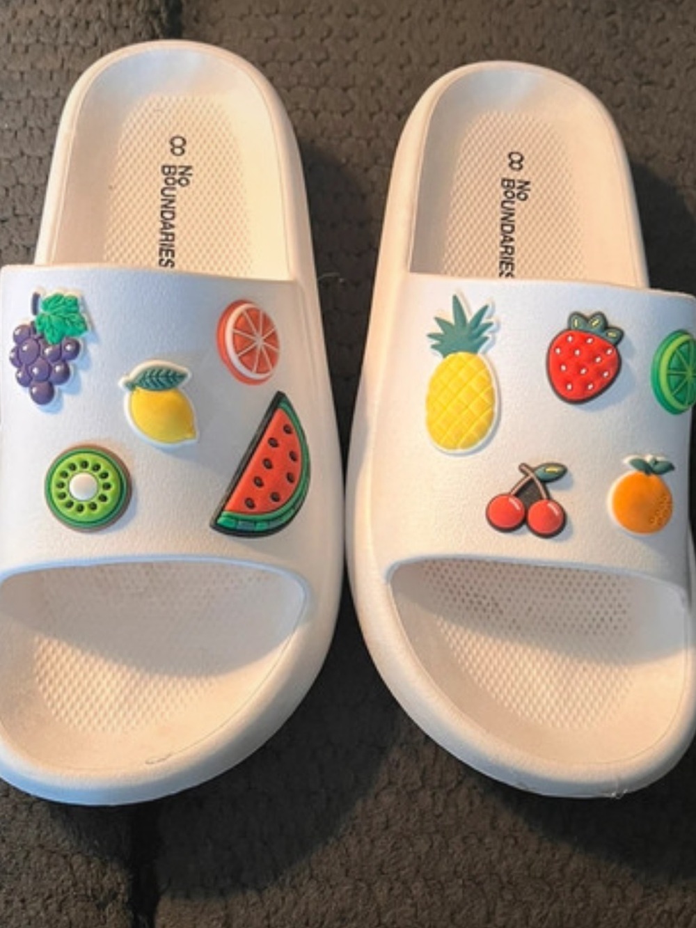 🍇No Boundaries White Slide Sandals with Colorful Fruit Charms🍉🍋